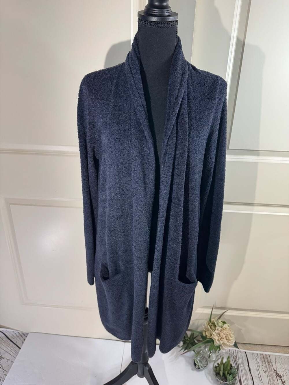 Barefoot Dreams Bamboo Chic Lite Long Open Front Circle Cardigan Blue Large